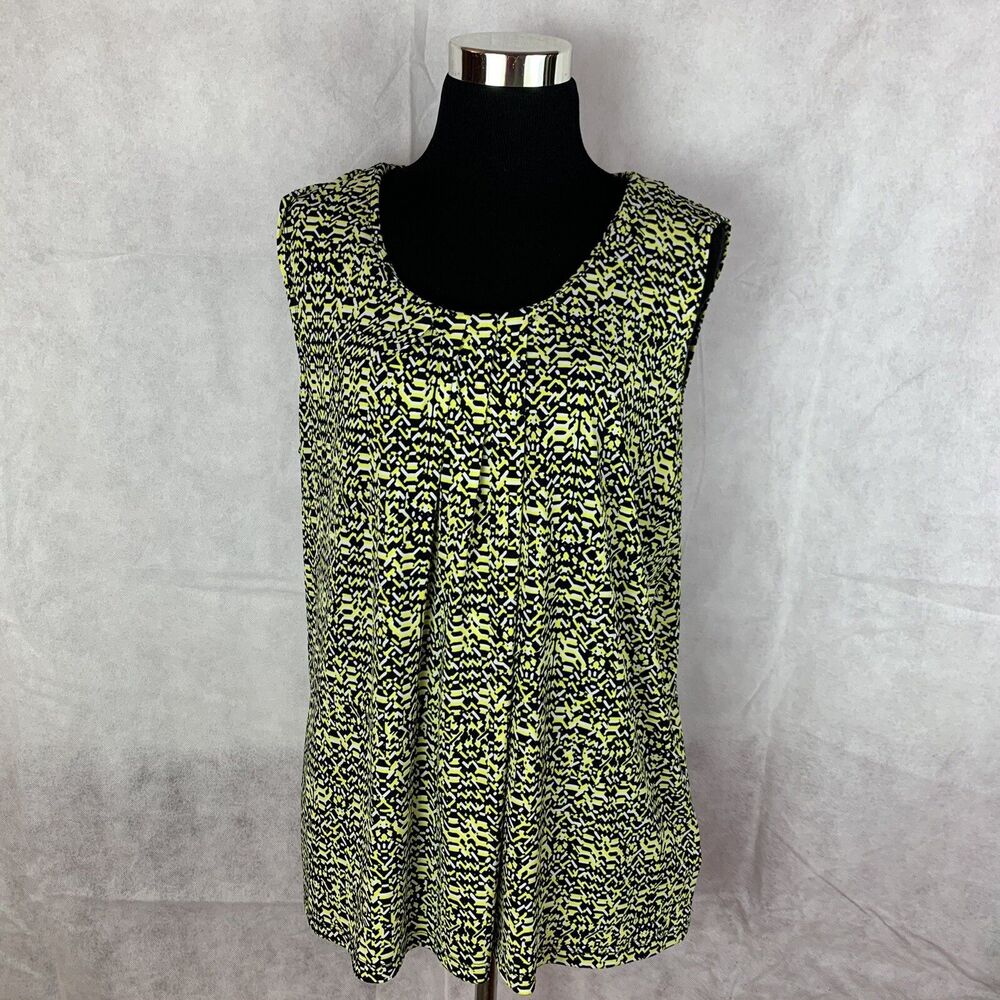 Anne Klein Top Blouse woman’s sleeveless XL black yellow pleated stretch office